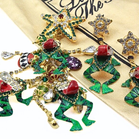 Magnificent Lunch At Ritz Enamel Frog Christmas Tree Holiday Brooch Earrings Se - Picture 4 of 12